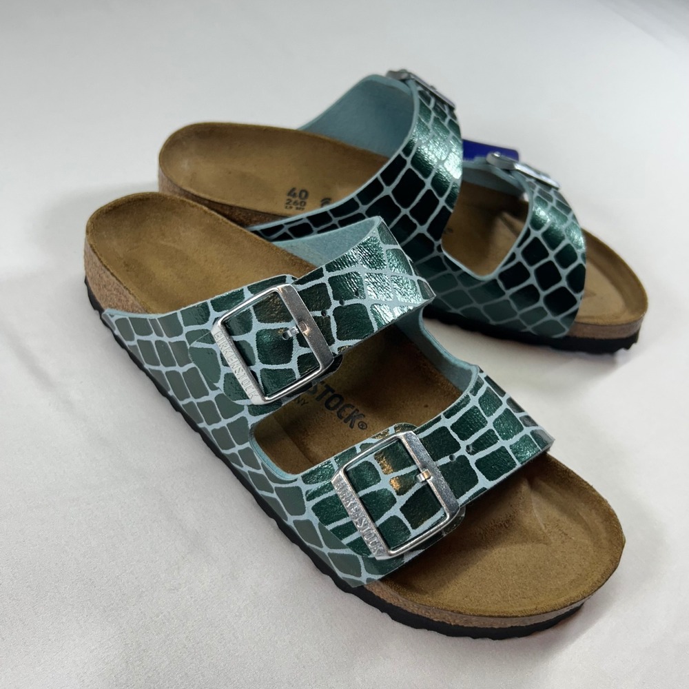 Birkenstock Arizona Green Metallic Crocodile Embossed Sandals Women 40 L9 M7 NEW - Picture 2 of 6